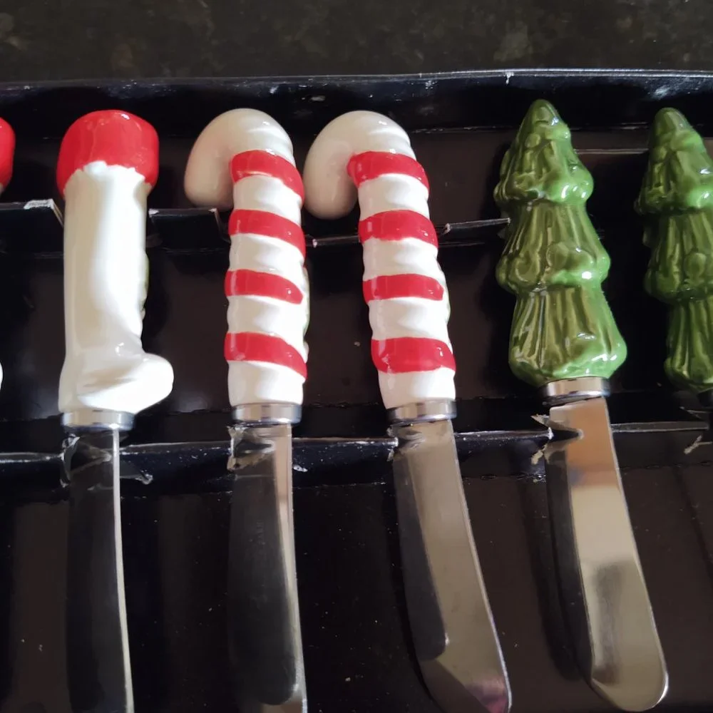 Vintage 1950s 60s Set of Novelty Christmas Theme Butter Spread Knives - Made in